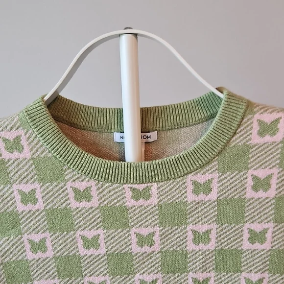 Nordstrom Green and Cream Checker Butterfly Knit Sweater - Picture 3 of 8